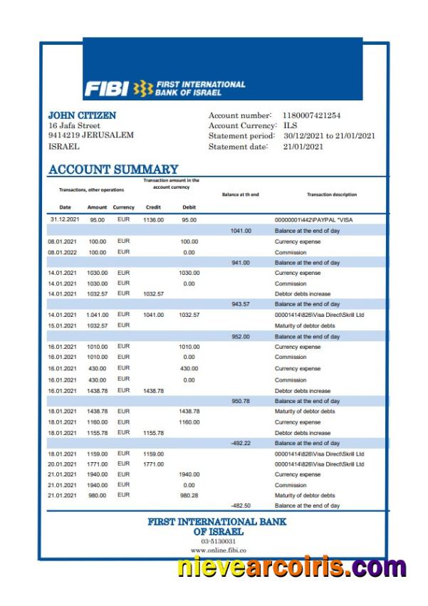 Israel First International Bank of Israel bank statement easy to fill in Excel and PDF format